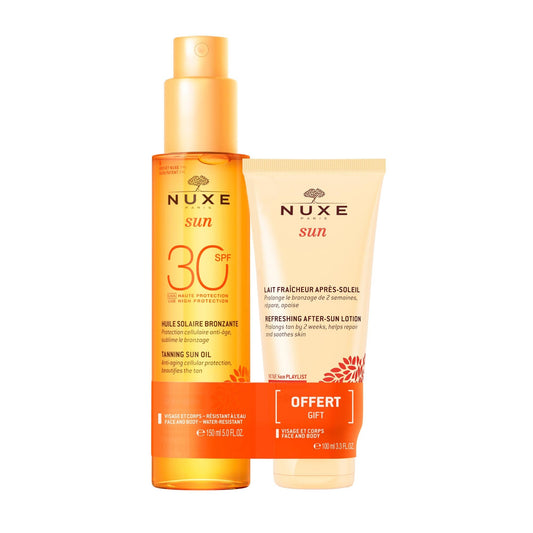Duo Huile Solaire Bronzante Haute Protection SPF30 Visage et Corps et Lait Fraicheur Après-Soleil Visage et Corps 100ml Offert
